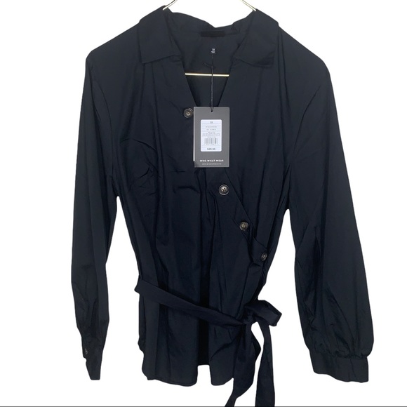 Who What Wear 1X Asymmetric Button Belted Blouse Black - Picture 2 of 7